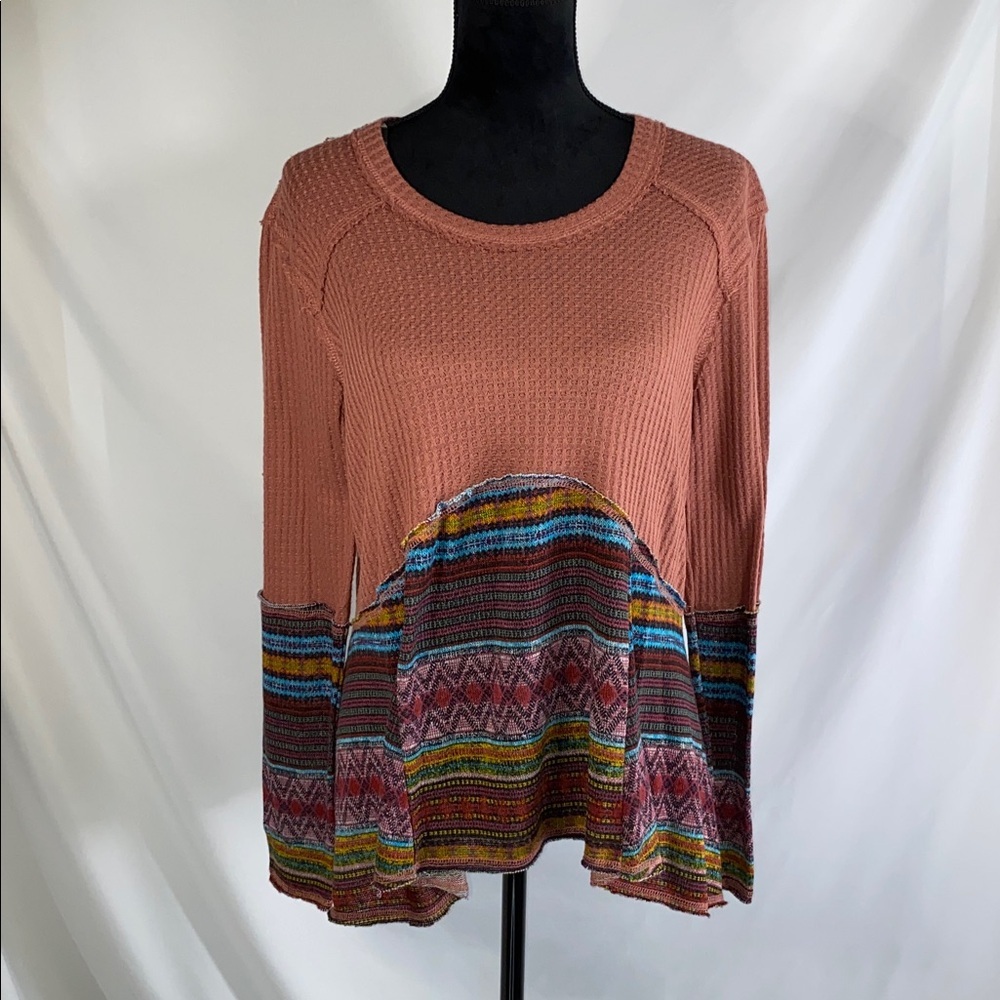Tru Self Waffle Knit Thermal Top Boho Mixed Print High-Low Rust Orange Small S
